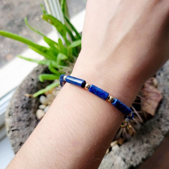 Vintage 14K GF Lapis Lazuli Egyptian Scarab Gemstone Beaded Bracelet - Picture 3 of 8